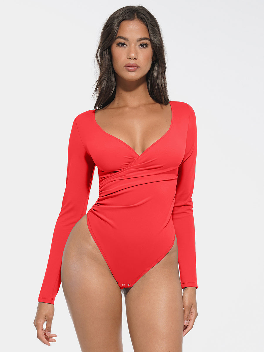 V-neck Overlapping pleated Waist and Bodysuit