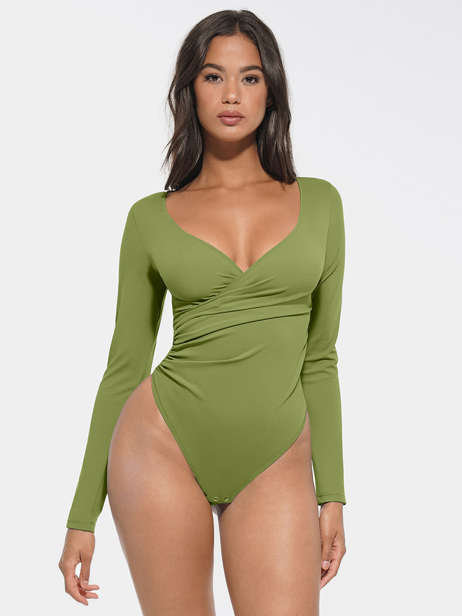 V-neck Overlapping pleated Waist and Bodysuit