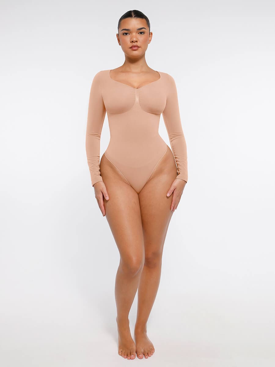 Seamless Long Sleeve Chest Support Thong Bodysuit