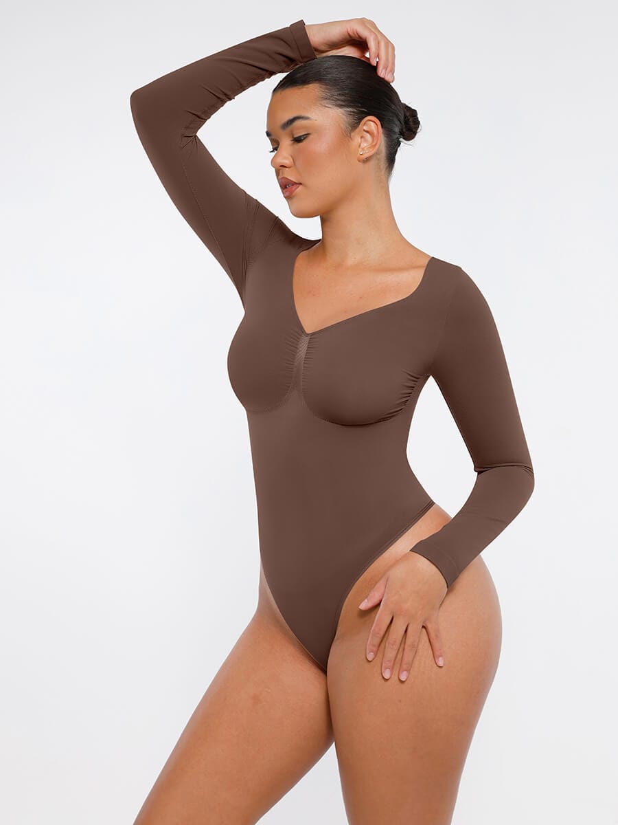 Seamless Long Sleeve Chest Support Thong Bodysuit