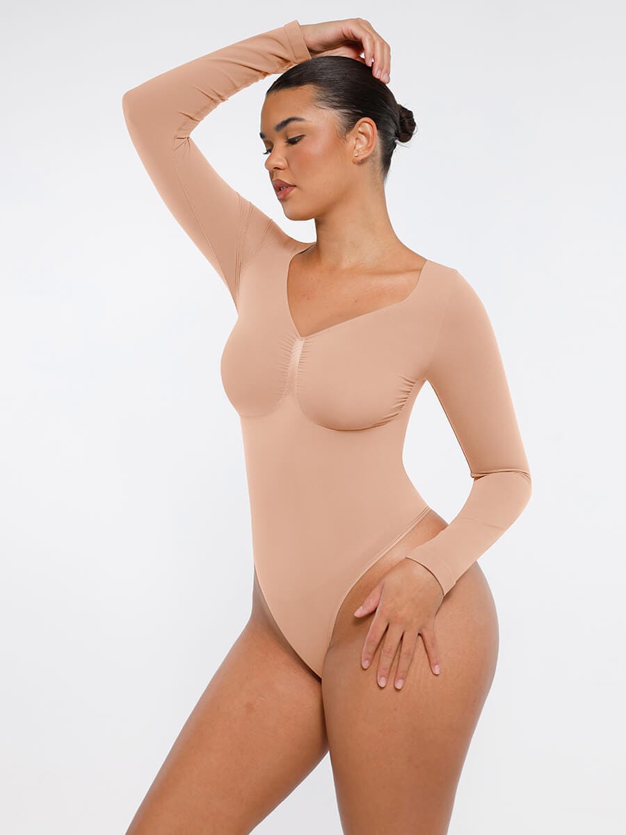 Seamless Long Sleeve Chest Support Thong Bodysuit