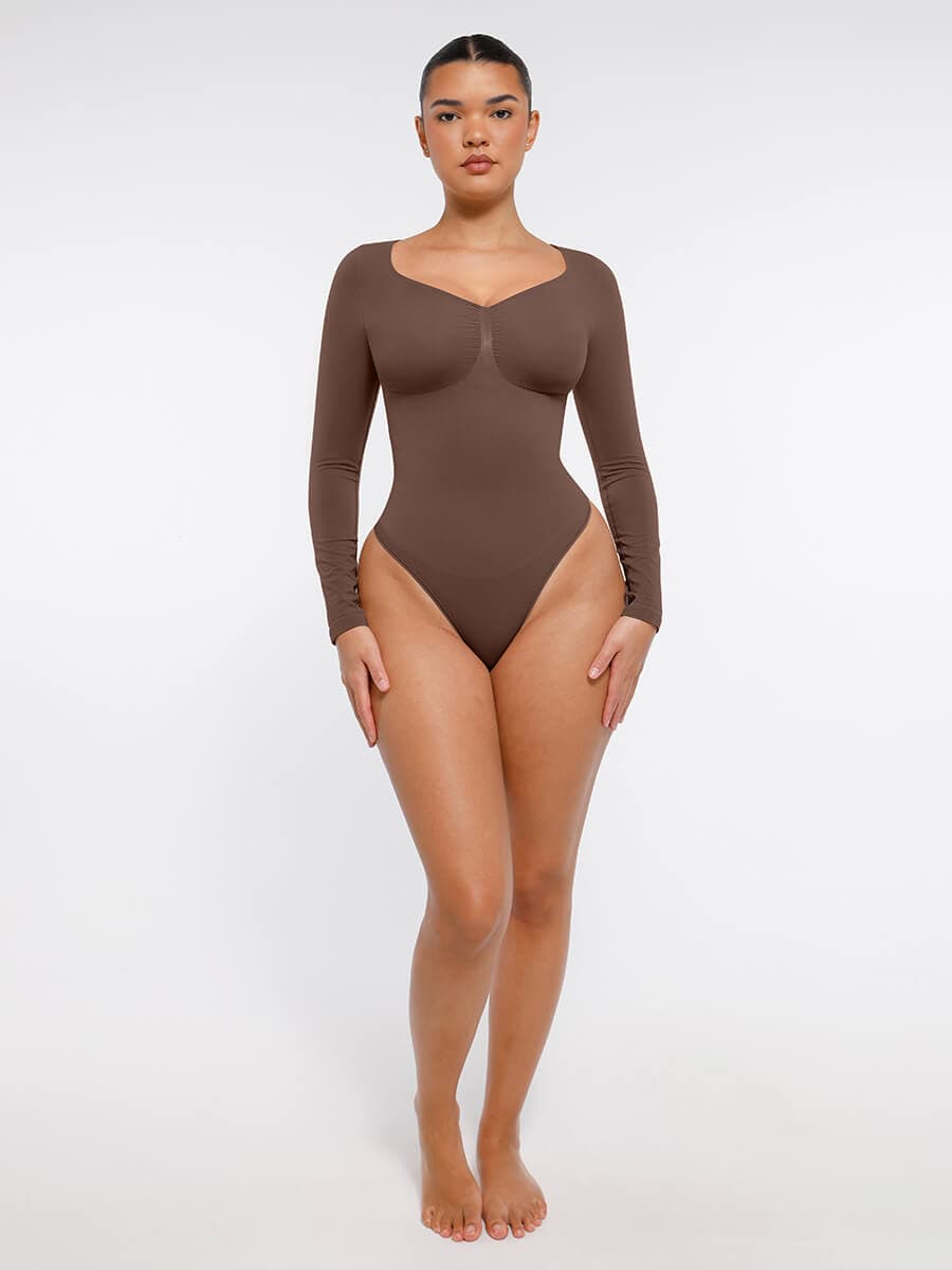 Seamless Long Sleeve Chest Support Thong Bodysuit