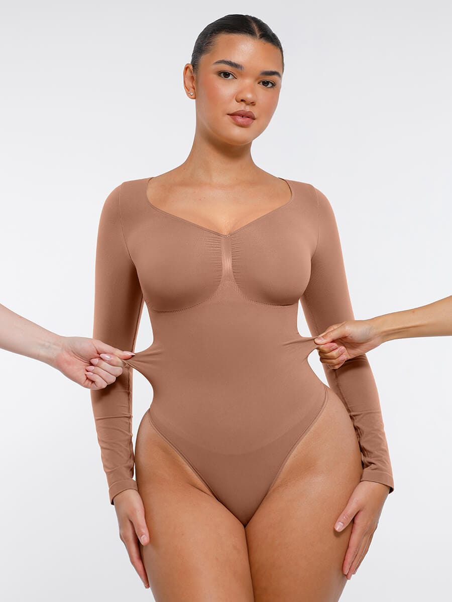 Seamless Long Sleeve Chest Support Thong Bodysuit