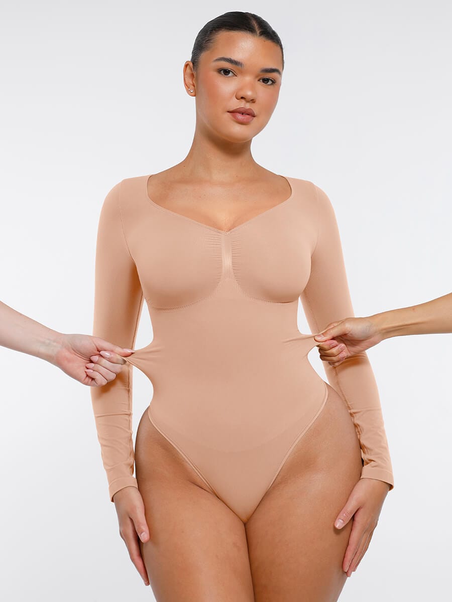 Seamless Long Sleeve Chest Support Thong Bodysuit