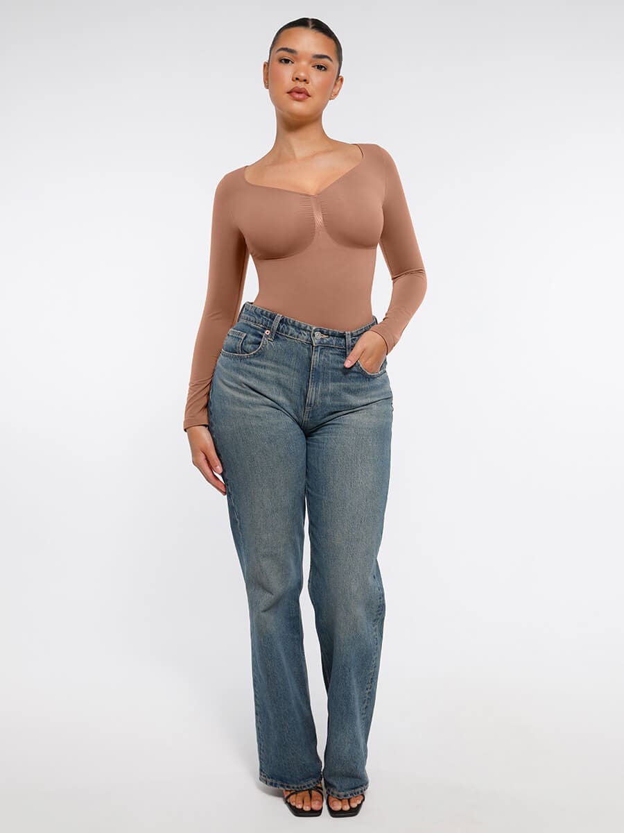 Seamless Long Sleeve Chest Support Thong Bodysuit