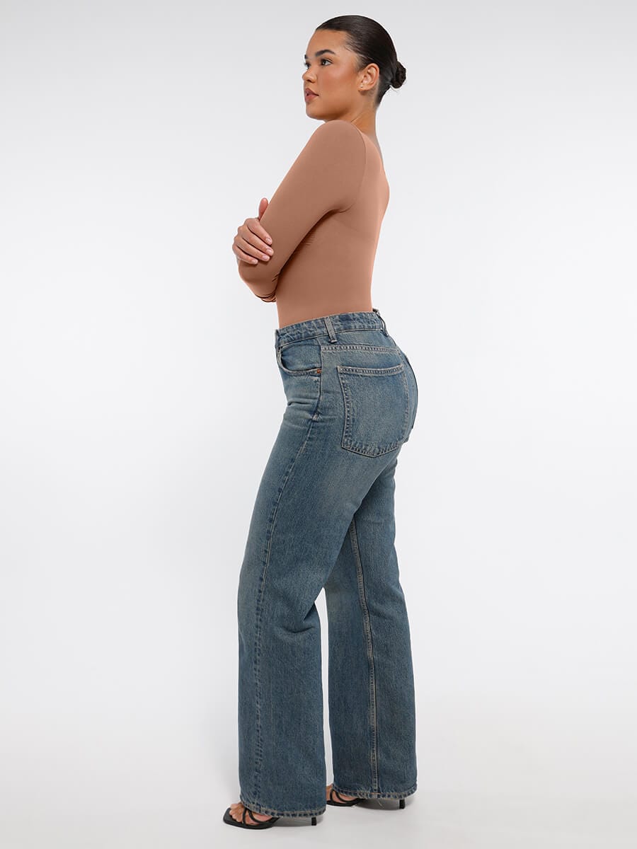 Seamless Long Sleeve Chest Support Thong Bodysuit