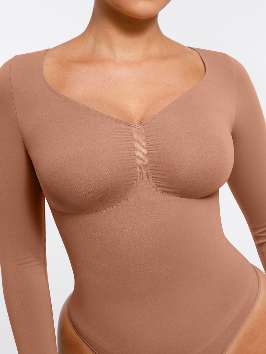 Seamless Long Sleeve Chest Support Thong Bodysuit