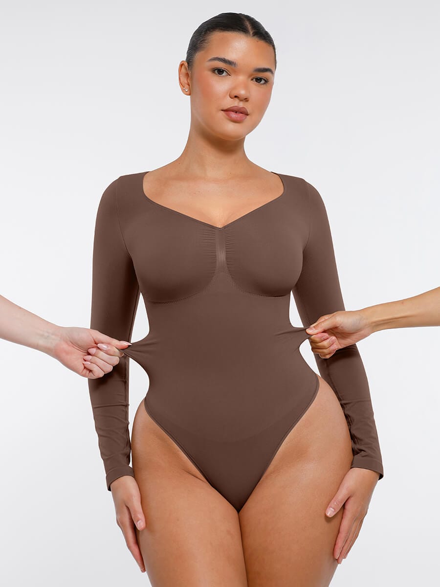 Seamless Long Sleeve Chest Support Thong Bodysuit