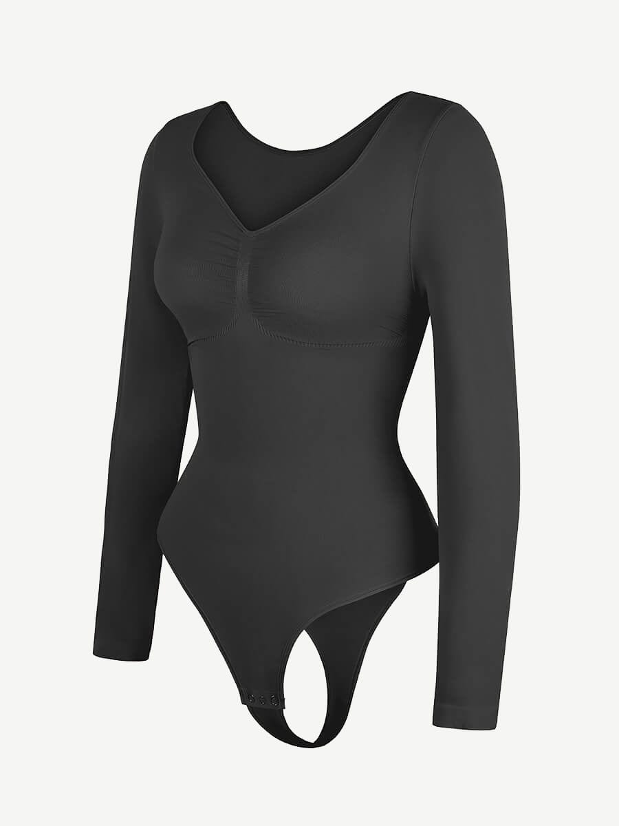 Seamless Long Sleeve Chest Support Thong Bodysuit
