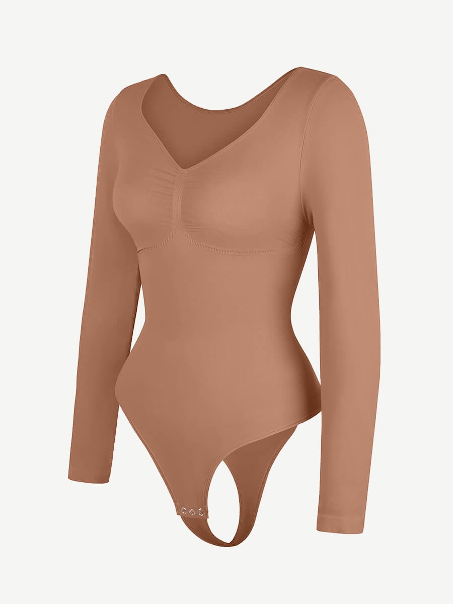Seamless Long Sleeve Chest Support Thong Bodysuit