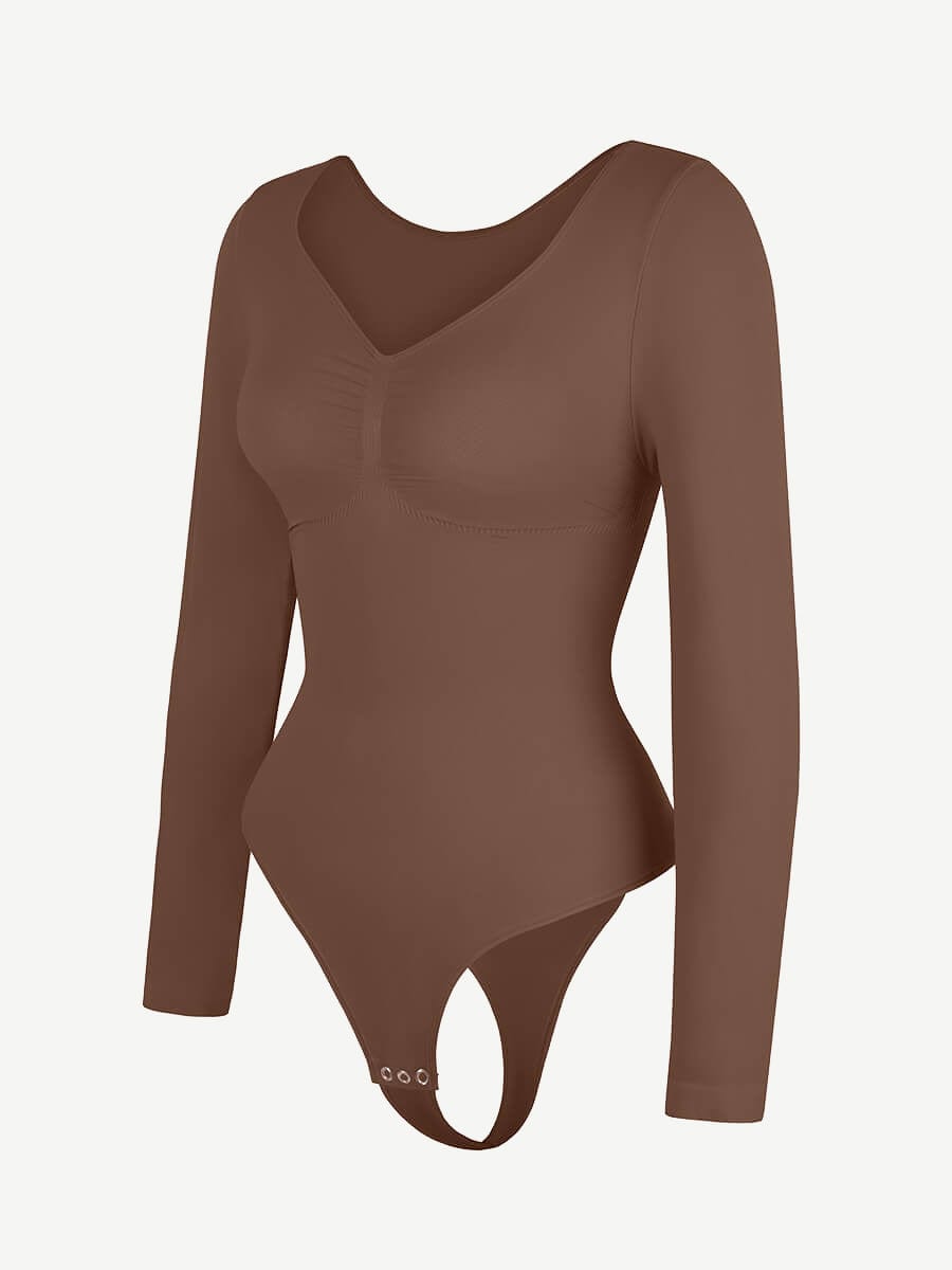 Seamless Long Sleeve Chest Support Thong Bodysuit