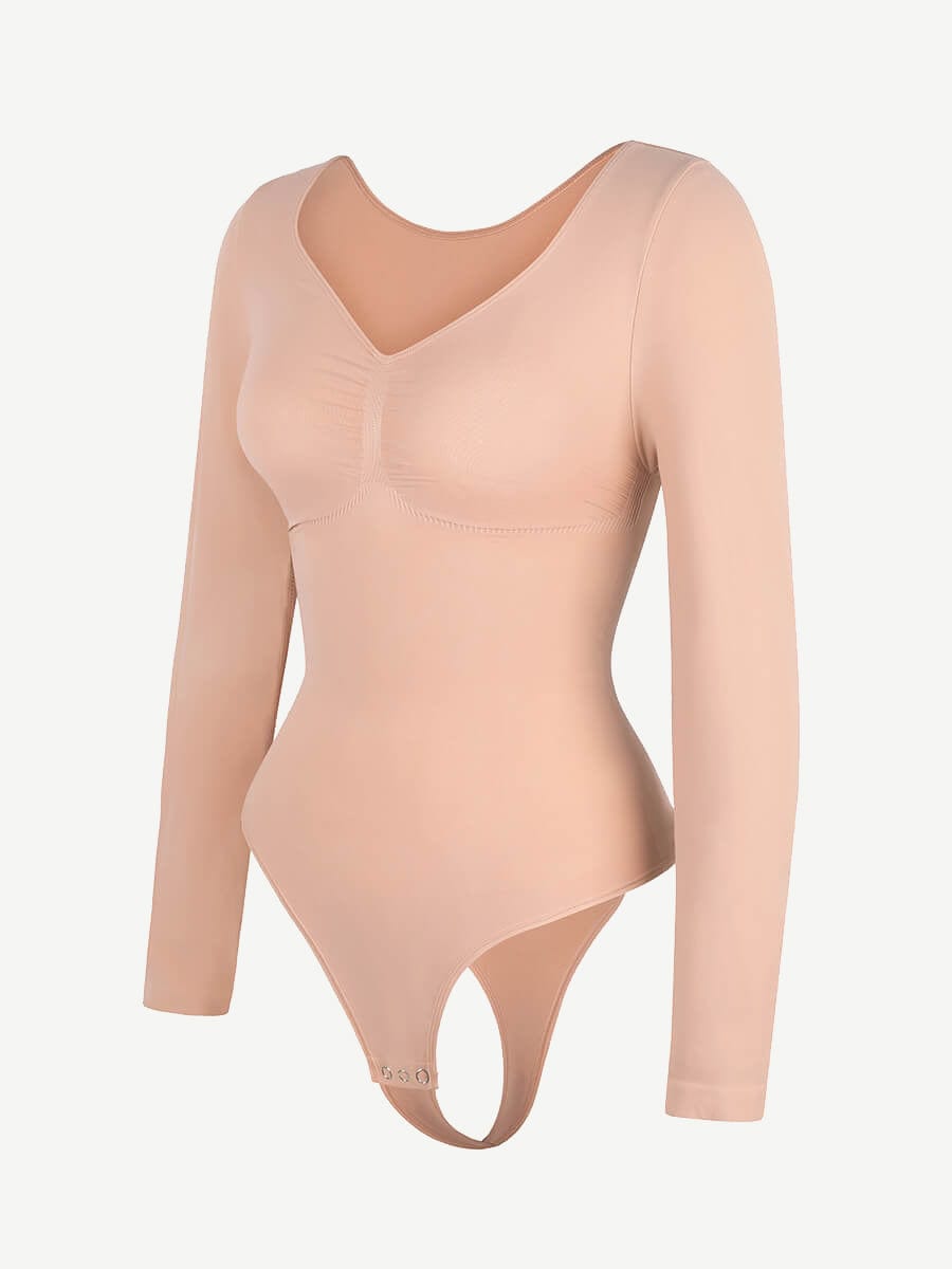 Seamless Long Sleeve Chest Support Thong Bodysuit