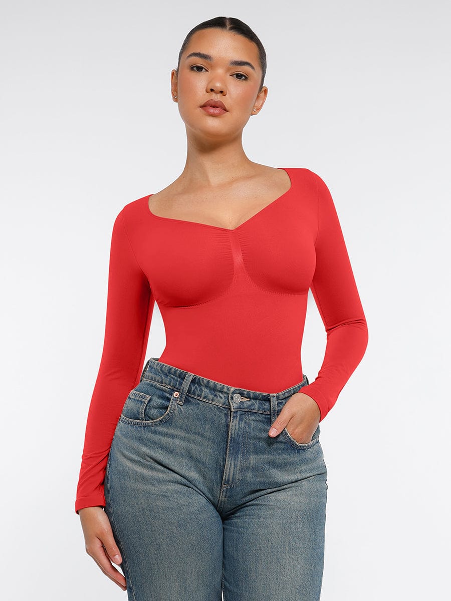 Seamless Long Sleeve Chest Support Thong Bodysuit