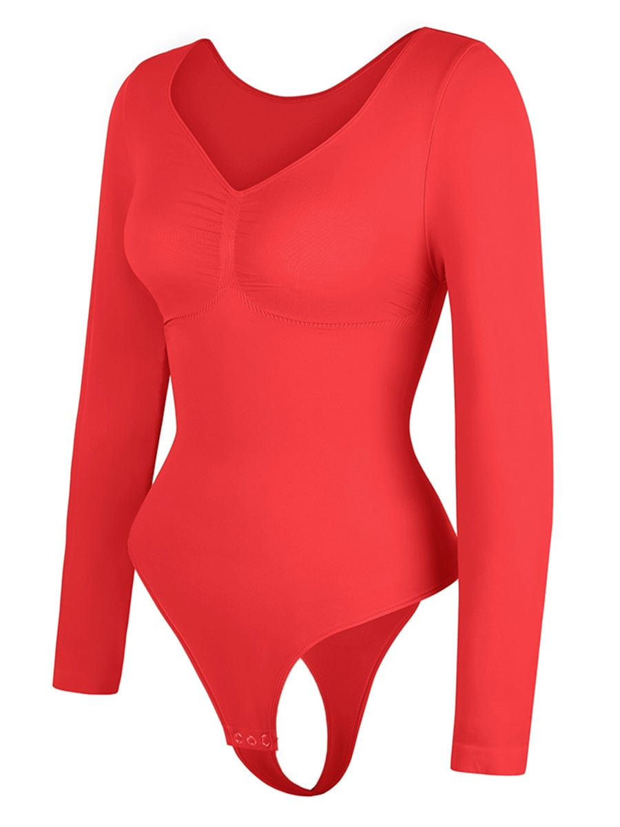 Seamless Long Sleeve Chest Support Thong Bodysuit